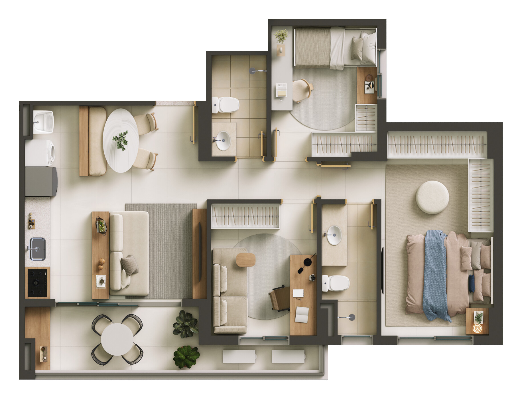Planta Planta — Greco Parque Cascavel — 2 e 3 quartos de 64 a 91 m² no Alto do Parque Cascavel