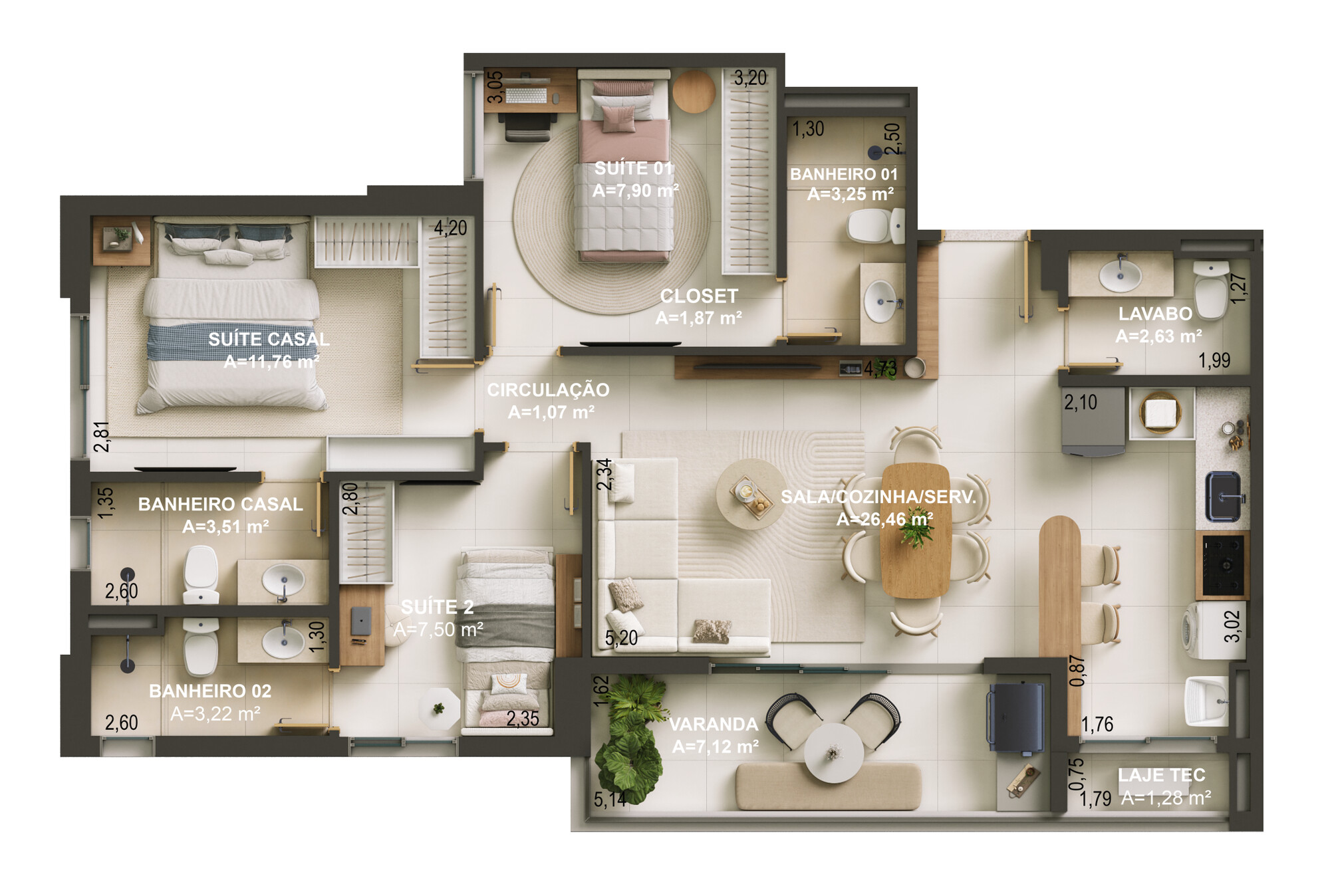 Planta Planta — Greco Parque Cascavel — 2 e 3 quartos de 64 a 91 m² no Alto do Parque Cascavel