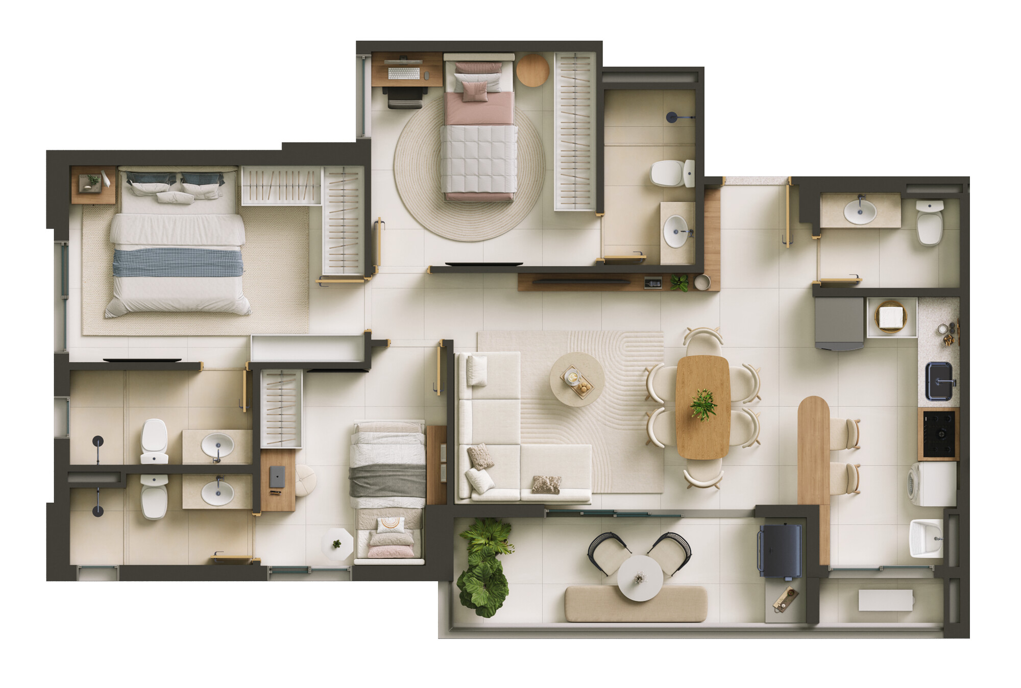 Planta Planta — Greco Parque Cascavel — 2 e 3 quartos de 64 a 91 m² no Alto do Parque Cascavel